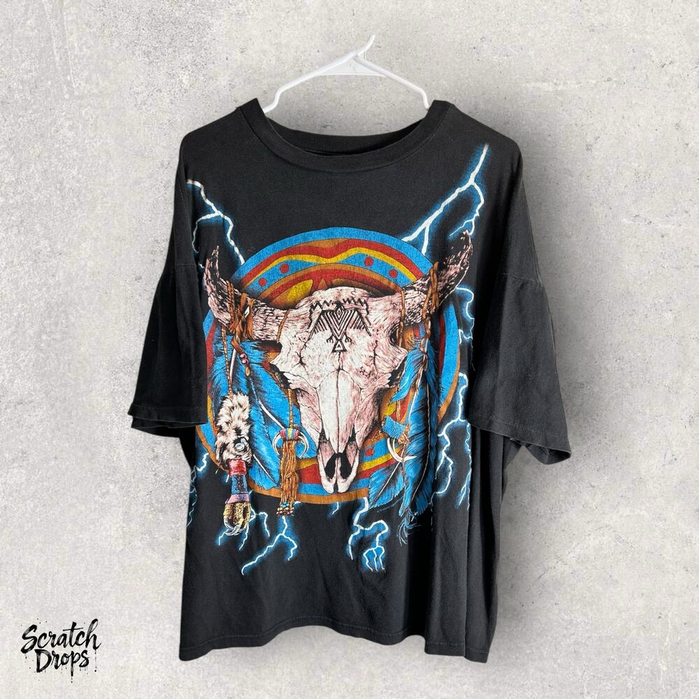 Vintage 90s USA Thunder Lightning Skull Shirt 2XL Biker Graphic Tee Made in USA